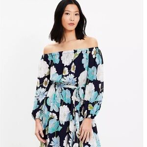 NWT LOFT Floral Off-Shoulder Long Sleeve Dress - Blue and White